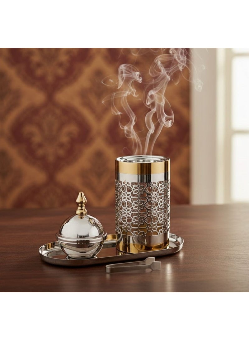Stainless steel incense burner set with an Andalusian-Indian decorative incense box in two colors: silver/gold - Image 1